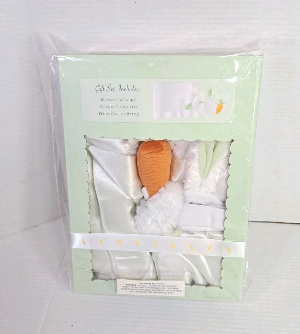 Bunnies In The Garden NEW Baby Gift Set Blanket Plush Rattle Hat 3 Piece Newborn